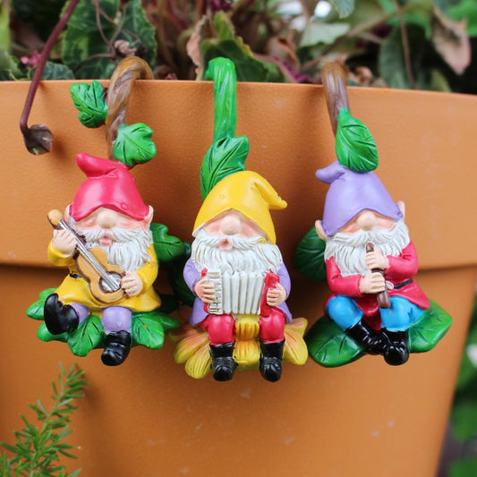 JARPSIRY Set of 3 Cute Climbing Gnome Figurines Flower Pot Hugger, Resin Hanging Gnomes Statue Outdoor Decor Fence Ornaments for Patio Lawn Garden Yard (Music Gnome)