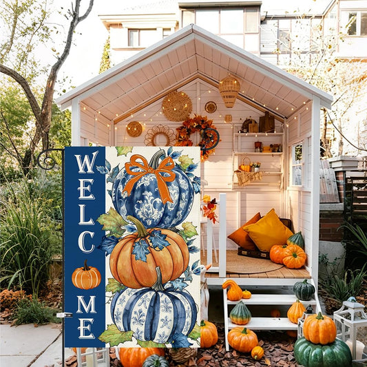 Baccessor Fall Welcome Pumpkin Garden Flag 12.5x18 Inch Double Sided,Autumn Thanksgiving Day Blue and White Porcelain Outside Outdoor Seasonal Burlap Small Flags Home Lawn Yard Patio Decoration