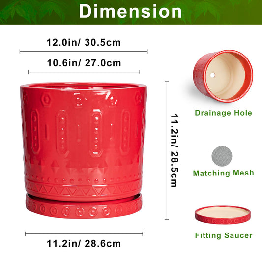 Eightpot 12 Inch Pots for Plants, Ceramic Pots for Plants Indoor Outdoor, Round Flower Pot with Drainage Holes and Saucers, Modern Decorative Planter, Home Porch Decor, Gardening Gifts, Red