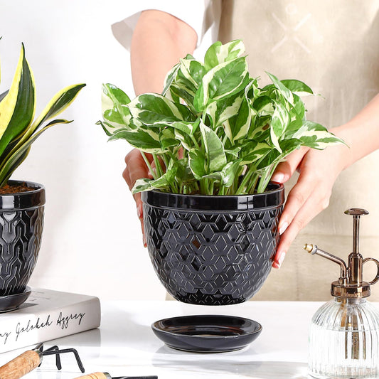 Sureasy Ceramic Indoor Plant Pots - 5.6 Inch Flower Pots for Plants with Drainage Hole and Saucer, Embossed Planter for Succulents, Orchid, Cactus, Indoor Home Decor, Set of 4, Black