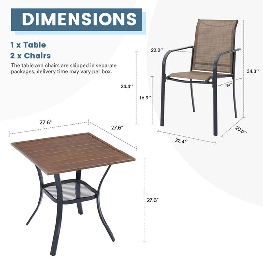 DIFY 3-Piece Outdoor Patio Bistro Dining Set, Walnut Small Square Dining Table & 2 Brown Stackable Metal Chairs with Breathable Fabric, Outdoor Furniture Set for Balcony, Porch, and Deck