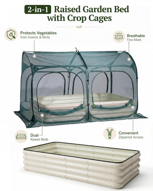 PORAYHUT All-in-One Raised Garden Bed and Crop Cage Net Kit, Metal Outdoor Planter Box with Protective Mesh Greenhouse Cover for Backyard Vegetables, Herbs, Flowers (5.25 * 2.6FT Raised Bed &NET)