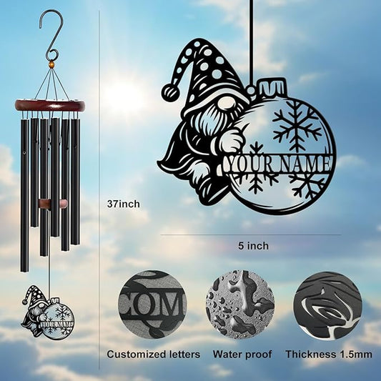 Personalized Customize Name Gnome Wind Chime, Metal Iron 37 Inch Outdoor Memorial Gift for Garden Yard Patio Home Decor, Black,Christmas (Style G)