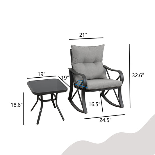 HOMPUS 3 Piece Outdoor Rocking Conversation Set, Patio Rocking Chairs with Removable Gray Cushions & Side Table, Rocker Furniture for Porch Balcony Pool Backyard Small Space