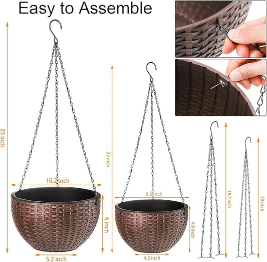 Foraineam 2-Pack Dual-pots Design Hanging Basket Planters Self-Watering Indoor Outdoor Plant & Flower Hanging Pots with Drainer and Chain, 2 Size Assorted