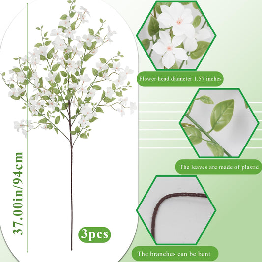 RSSGID 3 Pcs Artificial White Flowers Long Stems Bulk for Tall Vase Babys Breath Artificial Flower 37 Inch Faux Greenery Stems Silk Flowers and Leaves Fake Plants for Home Decor Indoor Wedding