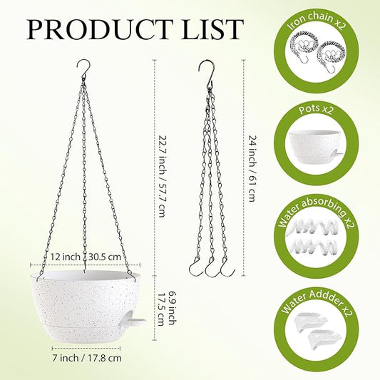 SQKH 12 Inch Hanging Baskets 2 PC with Chains, Self-Watering Hanging Planters for Indoor Outdoor Plants, Plastic Hanging Flower Pots,Speckled White