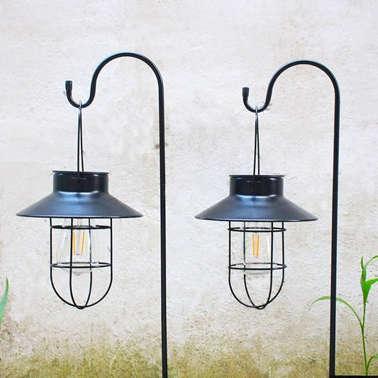 2 Pack Solar Lanterns ,Outdoor Waterproof Solar Lamp with Shepherd Hook, Metal Edison Bulb Lights Gifts for Gifts for Women/Mom Garden Outdoor Pathway Decor (Black)