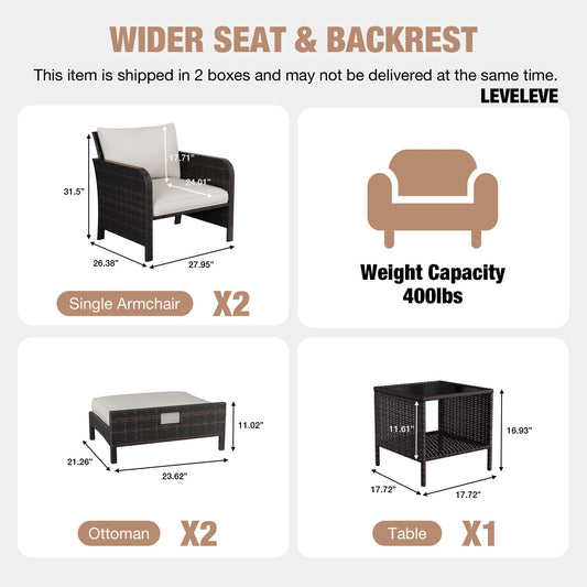 LEVELEVE Patio Conversation Set 5 Piece, Balcony Furniture Outdoor PE Rattan Wicker Lounge Chairs with Soft Cushions, 2 Ottomans & Glass Table for Porch Lawn, Brown (Beige Cushions