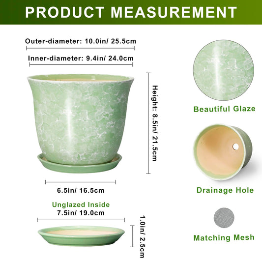 SUNPOTFOR Ceramic Pots for Plants - 10 Inch Plant Pot for Indoor Outdoor, Round Planter with Drainage Hole and Saucer, Decorative Plant Pots, Modern Flower Pot, Home Porch Decor, Garden Gifts, Green