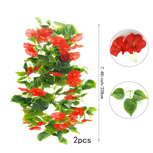 FERIAL Artificial Vines 15Feet Silk Flower Garland for Outdoors Red Morning Glory Vine Artificial Flowers Hanging Plants Garland Fake Green Plant 2Pcs for Wall Fence Indoor Wedding Banquet Decor
