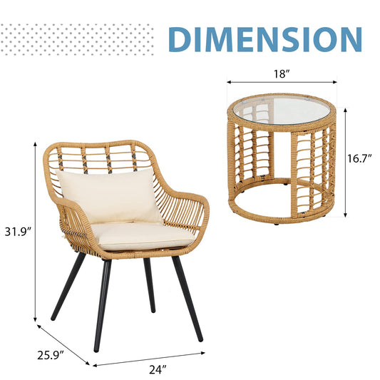 JOIVI 3 Piece Patio Bistro Set, Wicker Patio Conversation Set, Creamy White