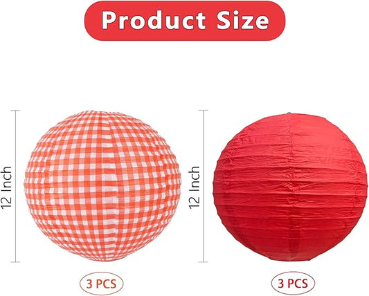 BEISHIDA Red White Plaid Round Paper Lanterns Decorative Hanging Asia Chinese Japanese Paper Lanterns Lamp for Birthday Wedding Baby Bridal Shower Home Decor Party Decoration(6Packs)