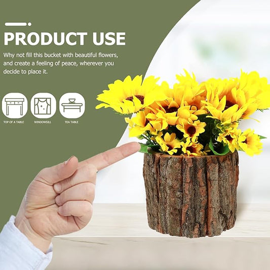 Yardwe 3Pcs Rustic Bark Design Wood Planters, Decorative Flower Pots Plant Containers for Home, Patio, Balcony, and Garden, 3.54X9.44X3.14Inch