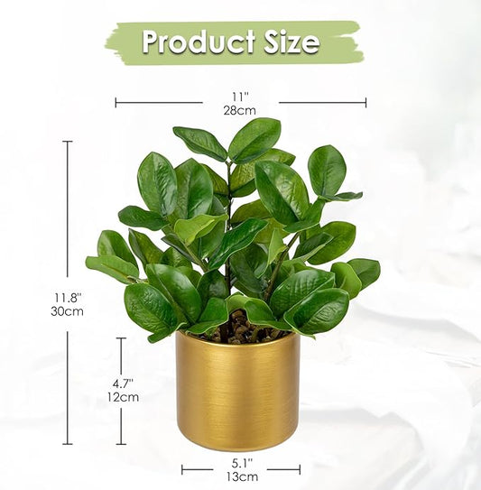 Briful Faux Plants Indoor Artificial ZZ Plant with Gold Pot 11.8in Realistic Fake Silk Plants for Home Office Bathroom Kitchen Dining Table Centerpiece Decoration