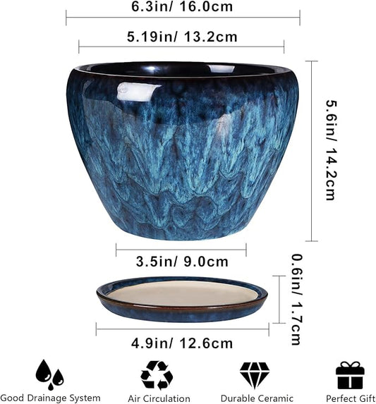 Ceramic Modern Glaze Succulent Planter Pot with Drainage Hole and Saucer 6 Inch Round Flower Plant Pot for Indoor Outdoor Herb Snake Plants