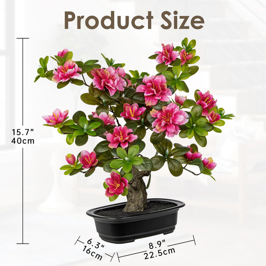 Hollyone Artificial Azalea Bonsai Tree Pink Fake Rhododendron Flowers Plants in Pot 15.7" Faux Azalea Flower Silk Small Potted Plant Floral Arrangement Desk Garden Walkway Table Centerpiece Home Decor