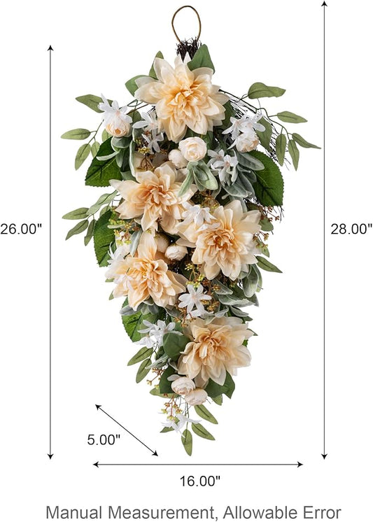 Glitzhome Peach Dahlia Floral Teardrop Swag 28" Artificial Spring Teardrop Swag Wreath for Front Door Porch Wall Window Decor