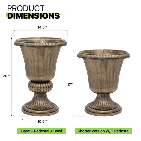 Magshion 20" Tall Plastic Urn Planters for Outdoor Plants, Antique Brass
