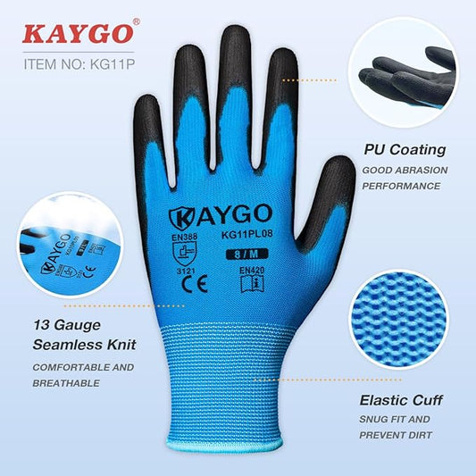 KAYGO Safety Work Gloves PU Coated, 12 Pairs KG11PB, Seamless Knit Glove with Polyurethane Coated Smooth Grip on Palm & Fingers, for Men and Women, Ideal for General Duty Work (Large,Blue)