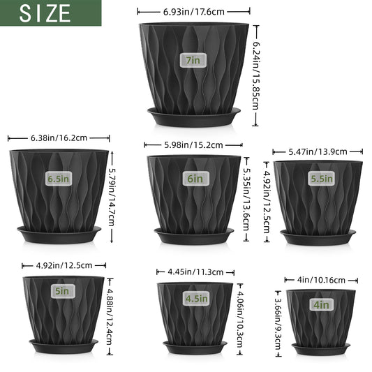 SQKH 4/4.5/5/5.5/6/6.5/7 Inch Plant Pots,7 Pack Flower Pots with Drainage Holes and Trays,Plastic Planters for Indoor Outdoor Plants Growth,Black