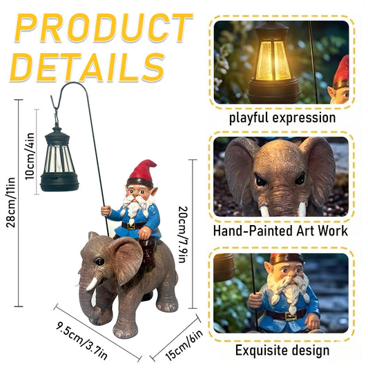 Wlcbomuoe Garden Gnome Riding Elephant Statue Decoration, Funny Resin Solar Gnome with Hanging Lantern for Lawn Patio Yard Garden Outdoor Decor, Gifts for Mom Women and Men (Gnome-G)