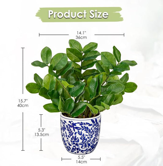 Briful Faux Plants Indoor 15.7in Fake ZZ Silk Plant in Blue and White Ceramic Pot Realistic Artificial Tropical Plant for Home Office Room Kitchen Shelf Decor