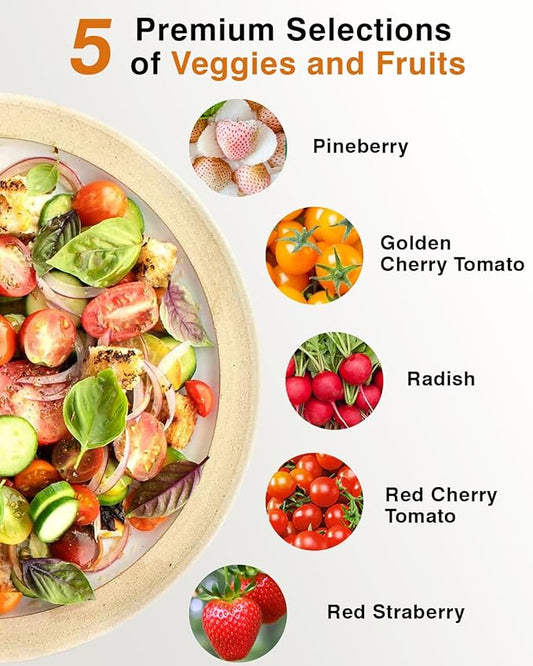Red Strawberry and Pineberry Seed Pod Kit for AeroGarden, idoo, Ahopegarden with Red Strawberry, Radish, Pineberry, Red Heirloom/Golden Harvest Cherry Tomato - Compatible with All Hydroponics (7-Pod)