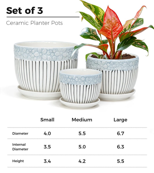 Gray Flower Pots, Texture Ceramic Plant Pots for Indoor Plants Set of 3