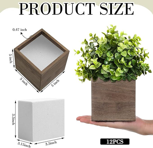 Suzile 12 Set 5 Inch Wooden Planter Box Flower Square vases for Centerpiece Rustic Cube Planter Box with Removable Foam Blocks Liner Square Vase Craft for Garden Home (Brown)