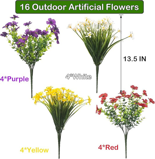 Outdoor Artificial Flowers, 16 Bundles UV Resistant Realistic Faux Plastic Plants with Colorful Daisies for Porch, Patio, Yard, Garden, Spring Home Decor (Window Box & Planters)