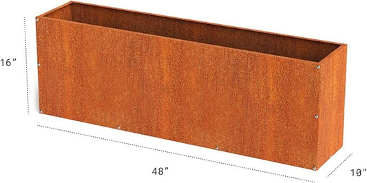 DIY CARTEL Corten Steel Rectangular Outdoor Planter Box, Rustic & Modern Farmhouse Design, Large Raised Metal Garden Bed for Commercial & Residential Use (48in x 10in x 16in)