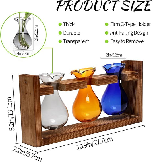 Plant Propagation Station Plant Terrarium Unique Birthday Gifts for Women Home Office Decor Planter with Wooden Stand - 3 Bulb Glass Vase