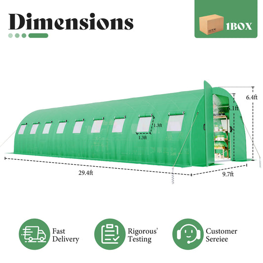 AMERLIFE 30×10 FT Tunnel Greenhouse with Built-in Sprinkler System, Walk-in Greenhouse for Backyard Gardening, Heavy Duty Galvanized Steel Frame & Waterproof PE Cover, Green