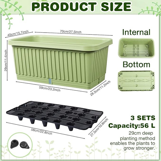 3 Pcs 28 Inches Large Planter Boxes Deep Rectangular Planter Boxes Outdoor Lightweight Plastic Planting Flower Pot with Drainage Holes Plant Pot for Patio, Courtyard, Lawn, Outdoor