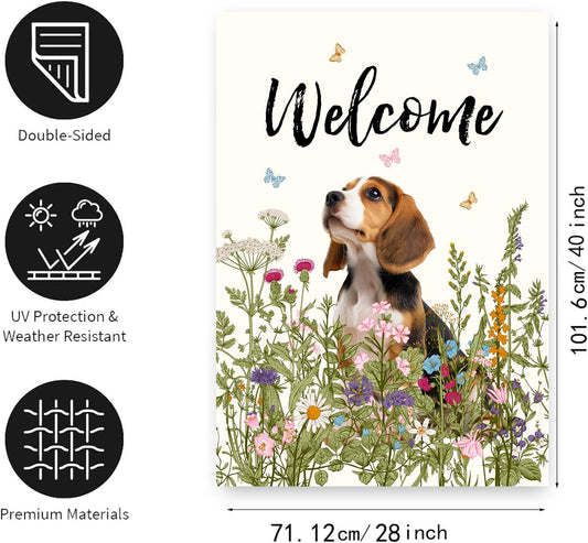 Floral Beagle Garden Flag Spring Summer House Flags 28 x 40 Double Sided Flower Dog Yard Flags for Outside Large Outdoor Welcome Flags