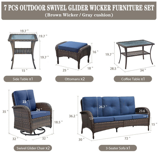 Belord Wicker Outdoor Furniture Set - 7 Piece Patio Conversation Sets with Comfort Swivel Rocker Glider Patio Chairs Set of 2 and Rattan Sofa,Tempered Glass Coffee Table and Side Table,Brown/Blue