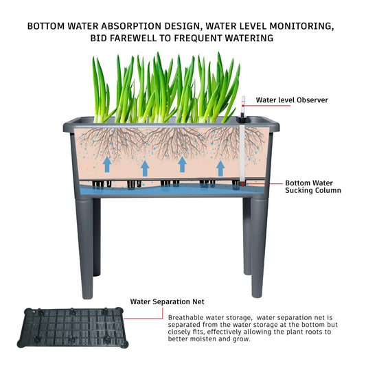 FENCETECH 20.8 Gallon Vinyl Plant Box with Legs and Greenhouse Cover, 30" x 25.6" x 15" Self Watering Raised Garden Bed with Drainage Plug , Grey