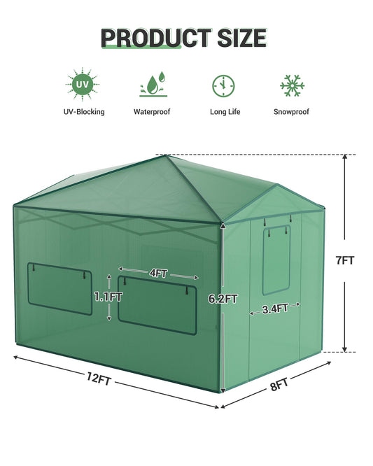 12x8 FT Hoop Greenhouse with Large Windows and Zippered Roll-Up Door,Waterproof Walk-in Tunnel Green Kit with Upgraded Galvanized Steel Frame, PE Cover, Gardening Plant Hot , Green