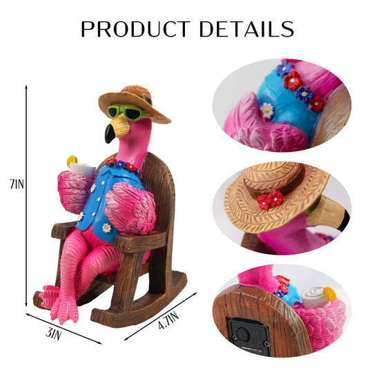 LIULO TOOL Solar Flamingo Figurines Garden Decor, Light Up Resin Flamingo Sitting on Chair Statue, Waterproof Outdoor Patio Sculpture, Cute Solar Powered Yard Decoration for Lawn Home Gift
