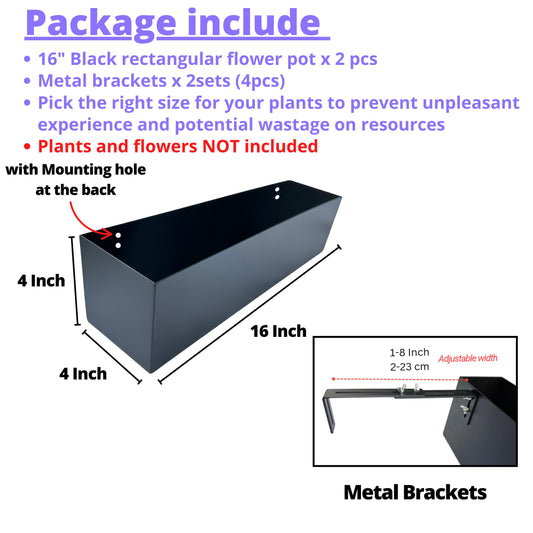 LaLaGreen Railing Planter Box (16 Inch, 2 Pack) Black Metal Rectangular Hanging Flower Boxes with Brackets, Planters for Outdoor Deck Railings Fence Over Rail Balcony Patio Porch Modern Garden Decor