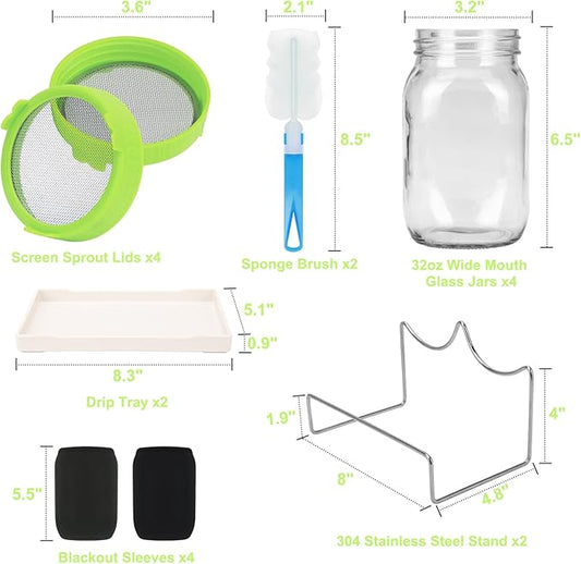 Lulonpon Sprouting Kit, 4 Sprouting Jar Kits, Wide Mouth Quart Mason Jars with Stainless Steel Screen Sprout Lids,1000ml Sprouts Growing Kit, Seed Sprouter Set for Growing Broccoli, Bean, Alfalfa 
