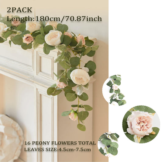 MISSPIN 2pcs Artificial Flowers Garland Spring Eucalyptus Garland Vintage Fake Flower Peony Rose Vine Greenery Decorative Wall Hanging Plant for Wedding Arch Door Arrangement Party Decor