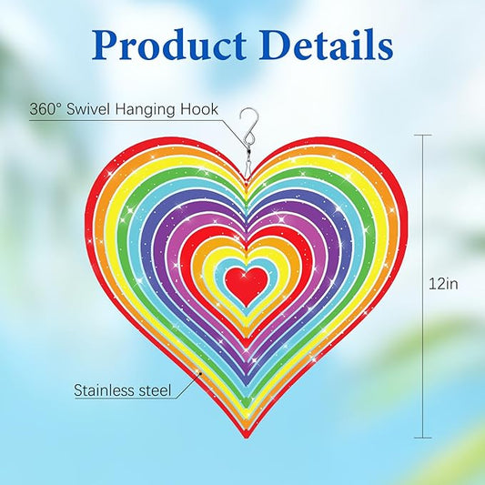 Love Heart Wind Spinners Outdoor, Hanging Wind Spinners for Birthday Christmas Valentines Day, 12 inch Outdoor Indoor Hanging Ornament for Garden Porch Backyard Lawn