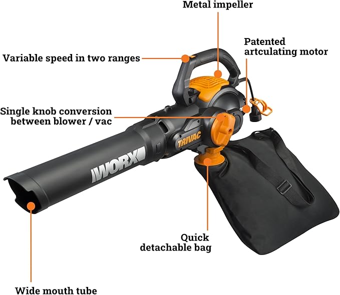WORX Trivac 3 in 1 Electric Leaf Blower for Lawn Care, Leaf Vacuum with 600 CFM, Leaf Mulcher with Metal Impeller, WG512