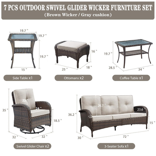 Belord Wicker Outdoor Furniture Set - 7 Piece Patio Conversation Sets with Comfort Swivel Rocker Glider Patio Chairs Set of 2 and Rattan Sofa, Tempered Glass Coffee Table and Side Table,Brown/Beige