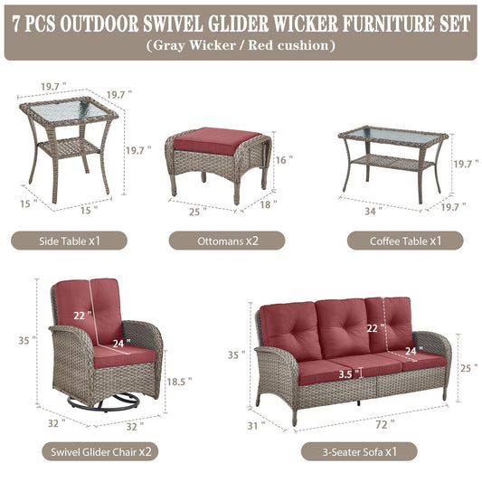 Belord Wicker Outdoor Furniture Set - 7 Piece Patio Conversation Sets with Comfort Swivel Rocker Glider Patio Chairs Set of 2 and Rattan Sofa, Tempered Glass Coffee Table and Side Table,Gray/Red
