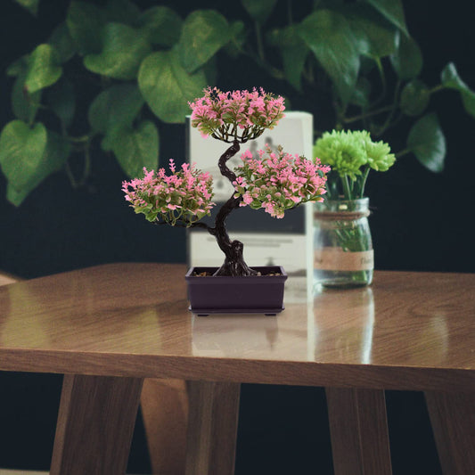 EXCEART Artificial Bonsai Tree Pink Faux Potted Plant Realistic Small Simulated Plant for Home Office Desk Decor 5.5X4.9X1.5 Inch Desktop Ornament