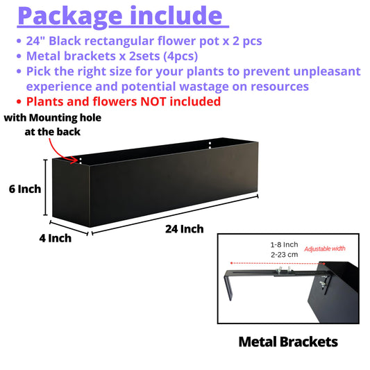 LaLaGreen Railing Planter Box (24 Inch, 2 Pack) Black Metal Rectangular Hanging Flower Boxes with Brackets, Deck Railings Planters for Outdoor Plants Fence Over Rail Balcony Patio Porch Stylish Garden