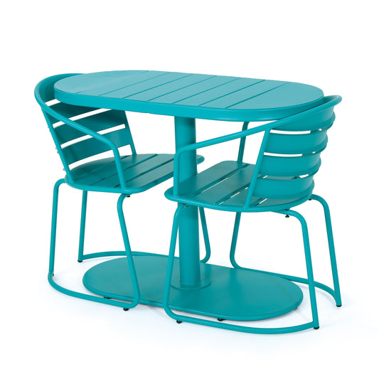 Tomofcessn Teal 3 Piece Outdoor Bistro Set, Metal Patio Furniture Set with 2 Chairs and Round Table, Modern Balcony Garden Table and Chairs Set, Weather Resistant Small Space Conversation Set